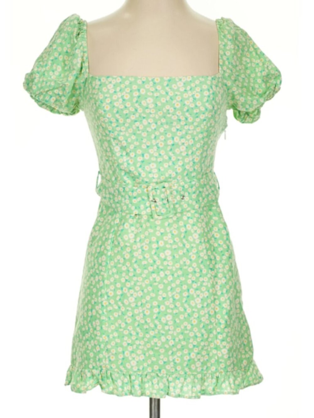 ZARA Green Puff-Sleeve Floral Mini Dress with Adjustable Belt_Size (XS)